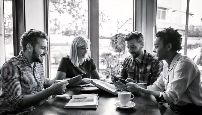 A group of people at a coffee shop having a great time enjoying their coffee and studying