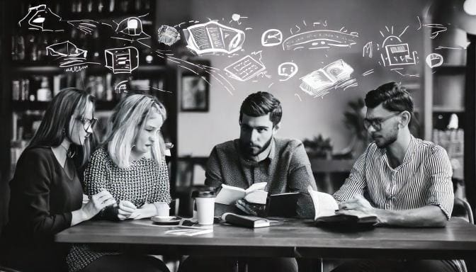 image of group of people in a coffeehouse enjoying coffee, writing notes and reading