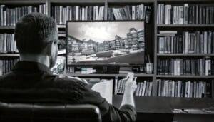 person watching a streaming service with an encyclopedia in one hand and a remote in other