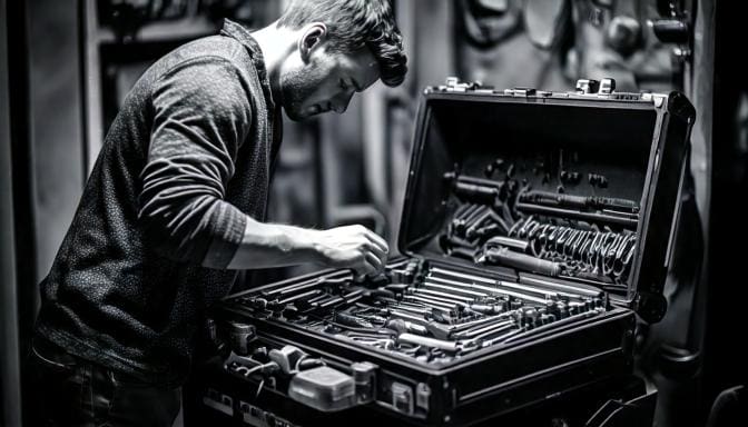 photo of guy digging through his toolbox in his garage for the right tool for the job
