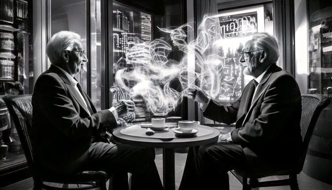 A philosopher and biblical scholar having a meaningful, deep discussion while drinking coffe