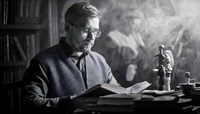 Man in casual clothes in his study reading the Bible