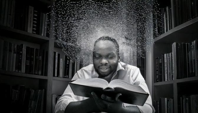 Man in his study flipping through the bible with text swirling around his head