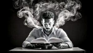 Man reading the Bible in his study with ethereal smoke encircling his head