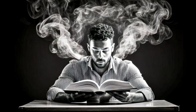 Man reading the Bible in his study with ethereal smoke encircling his head
