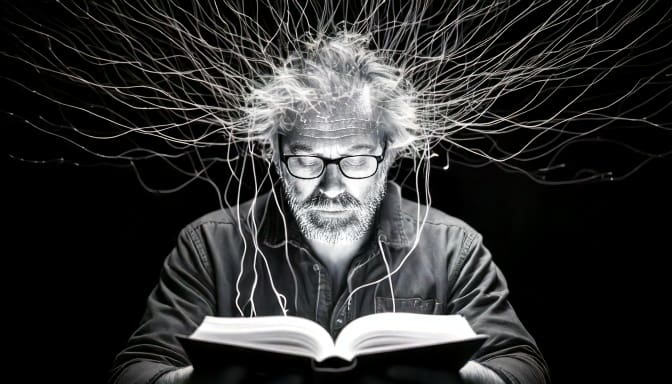 A man deep in bible study discovering the truths of God's word with electrical connections