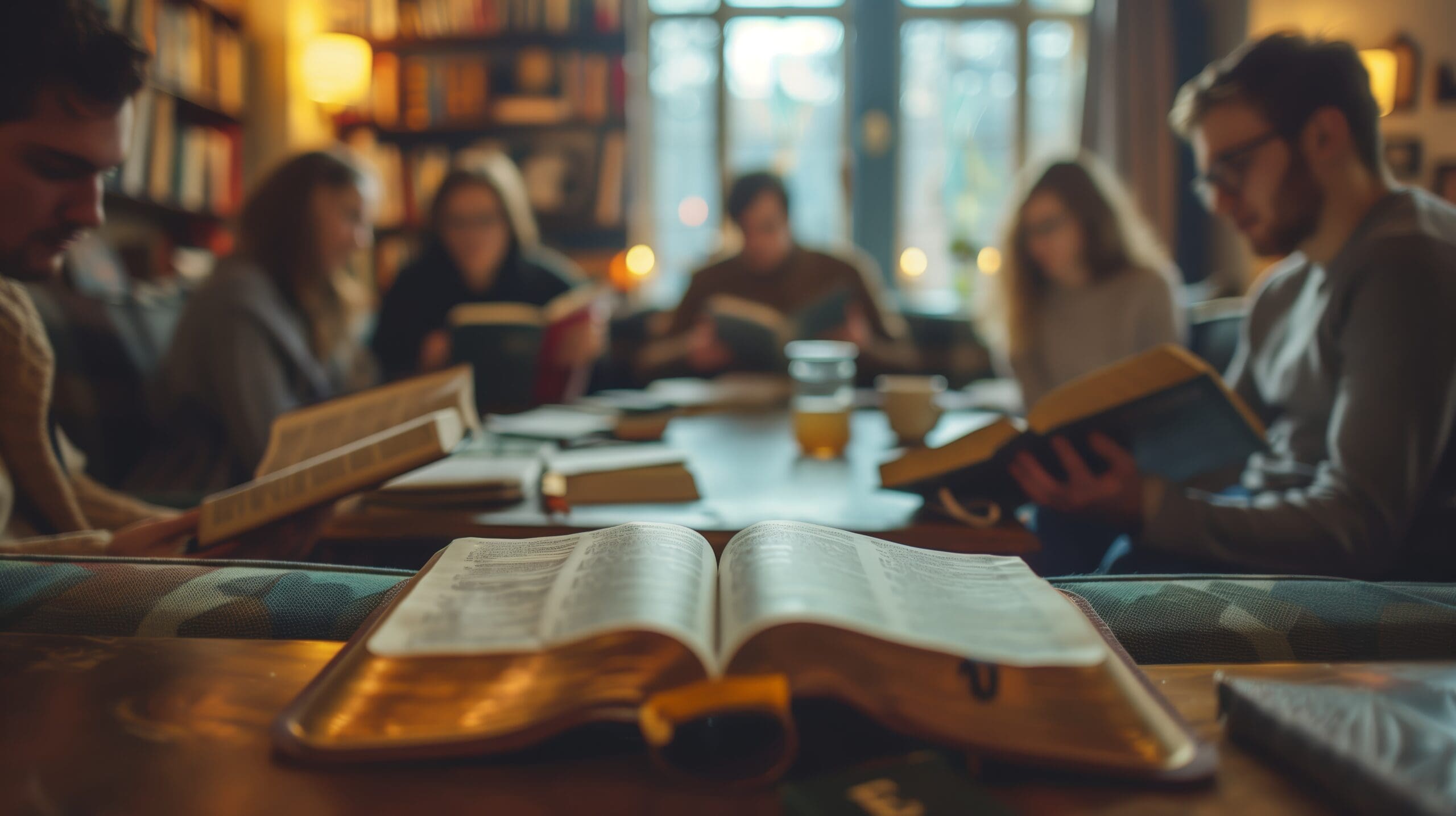 Cozy Bible Study Group Gathering in a Warm, Inviting Room with Books and Soft Lighting