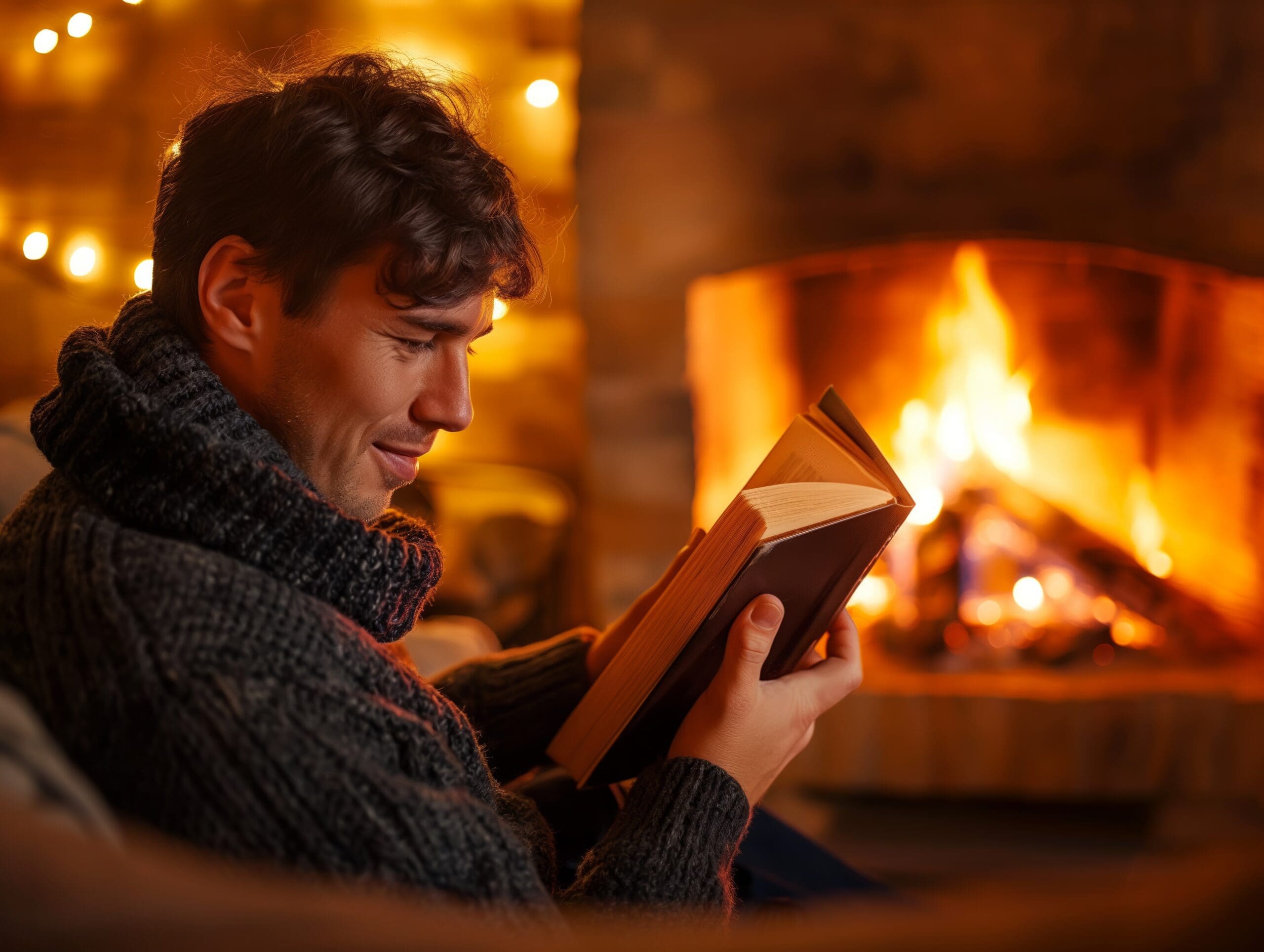 A man is sitting in front of a fireplace, reading a book