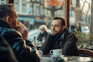 Man sitting in a cafe with a friend, looking contemplative and engaged in conversation, male vulnerability and emotional expression