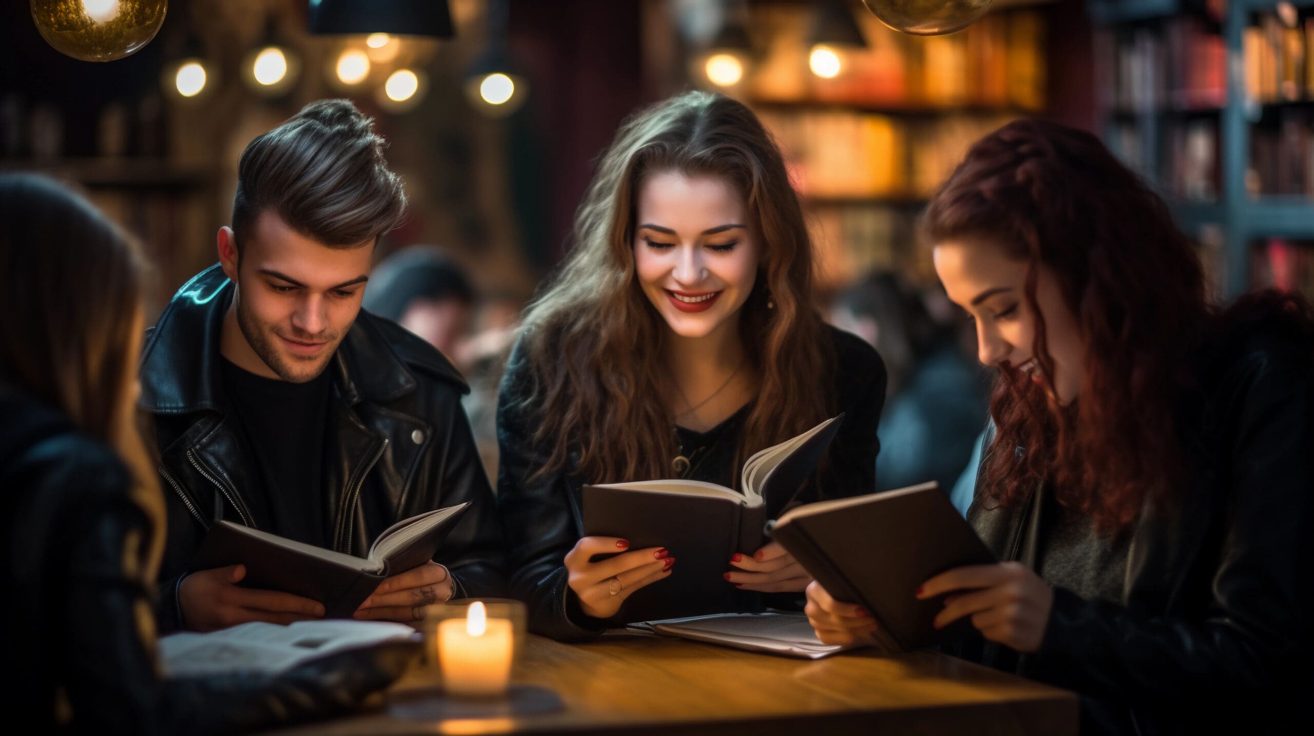 Group of friends sitting in a cafe having Bible study reading the Holy Scriptures.