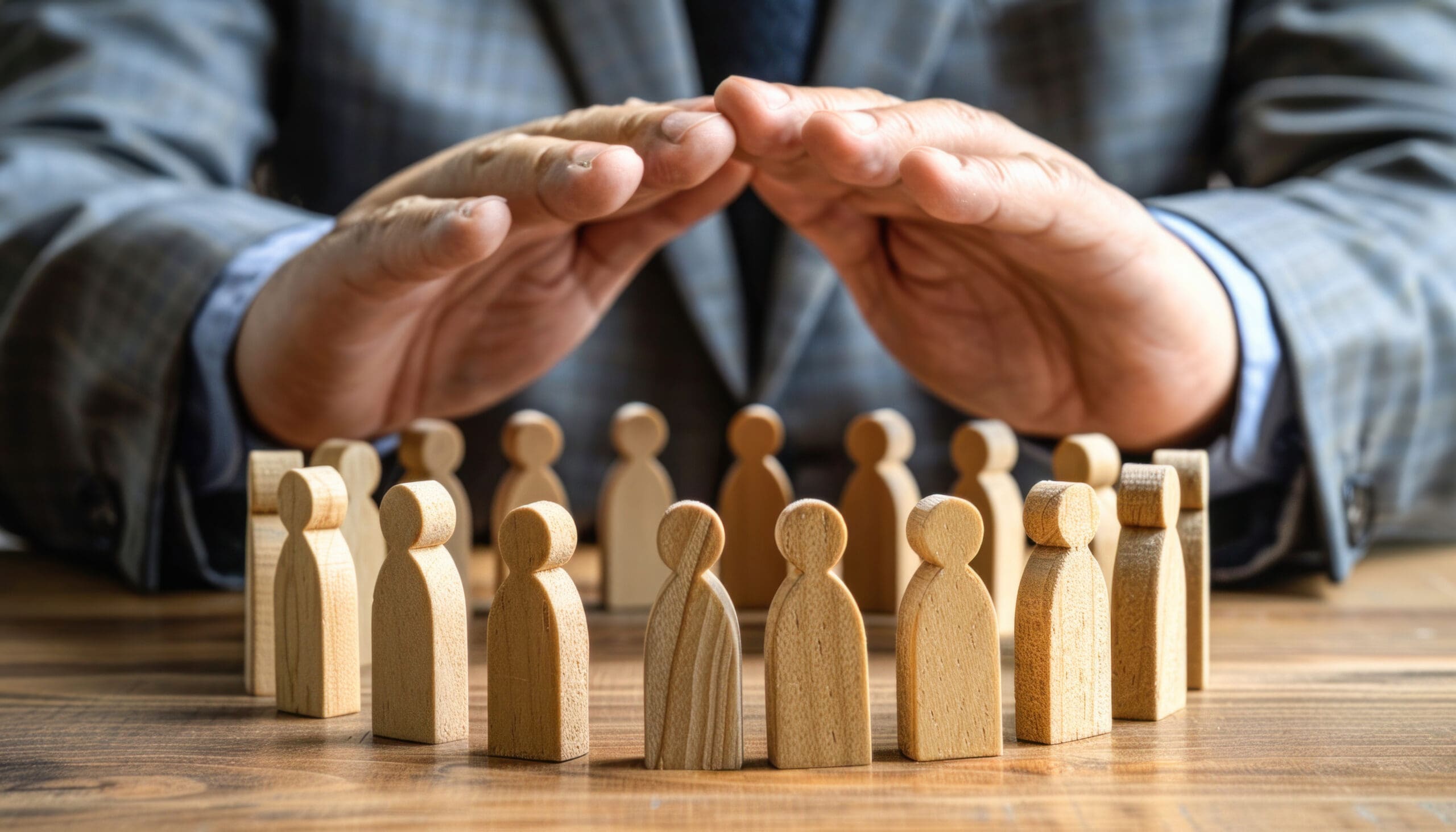 A man stands over a collection of wooden figures, shielding them with his hands