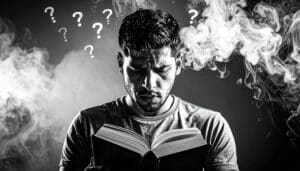 Man reading bible passage with questions circling his head like smoke