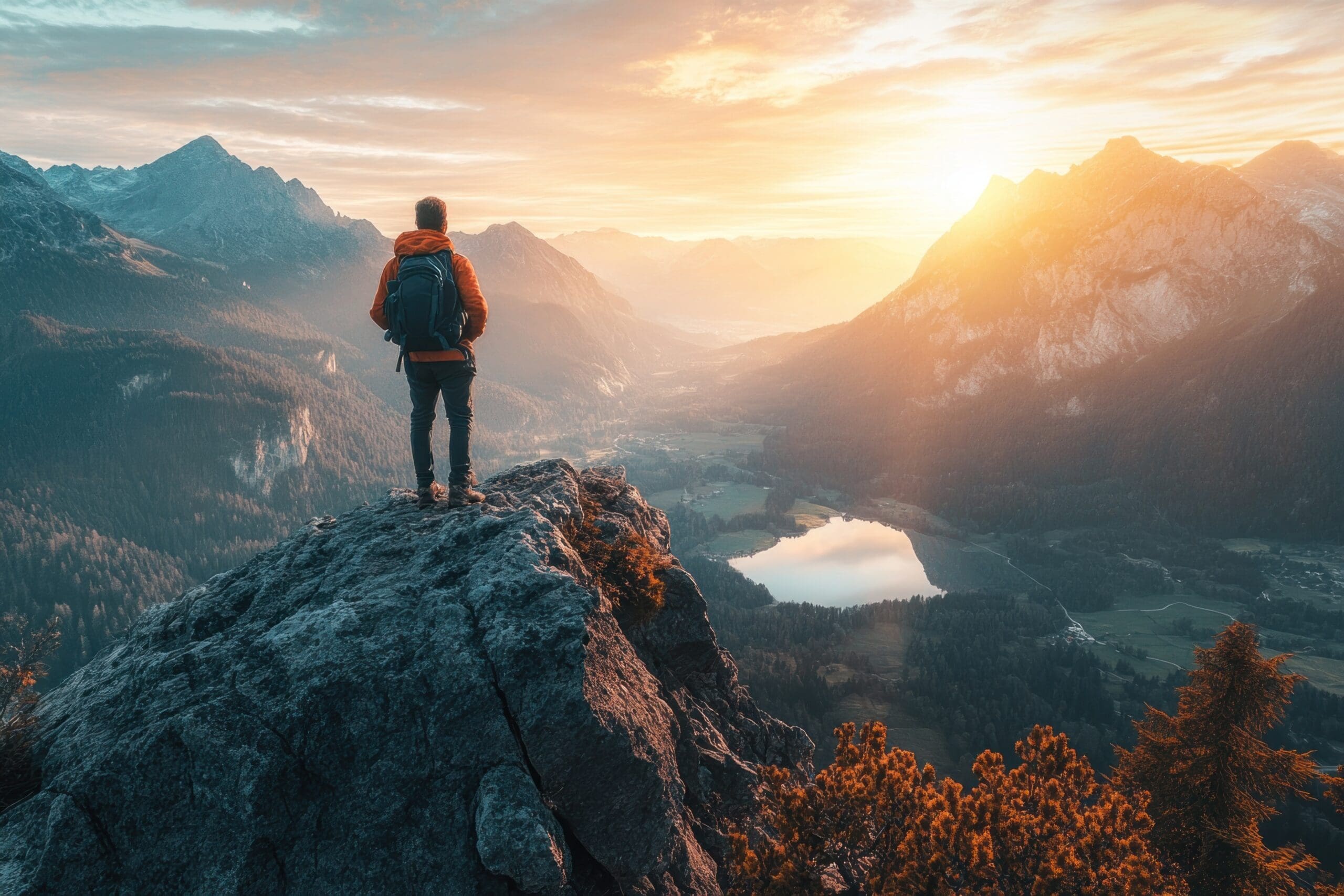 hiker standing on mountain peak overlooking valley at sunrise. breathtaking landscape with serene lake and rugged mountains. adventure, exploration, travel, nature poster.