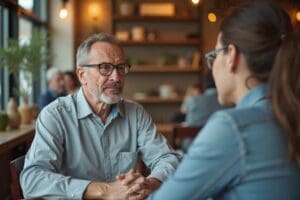 Senior man in serious conversation at cafe, mentoring session