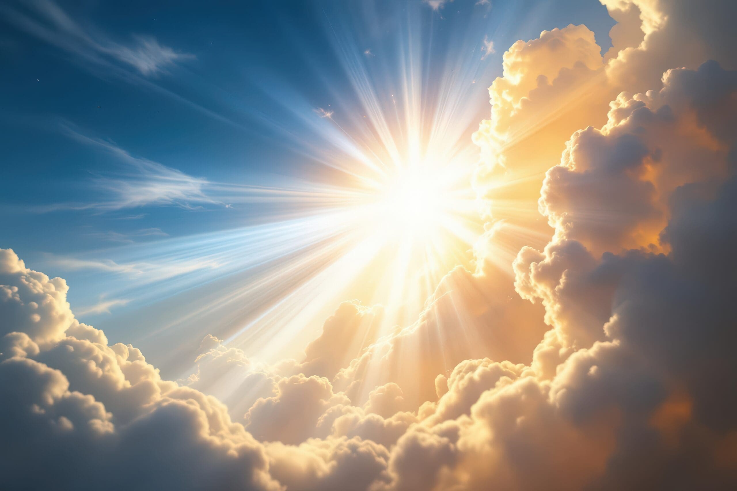 The resurrected Jesus Christ ascending to heaven above the bright light sky and clouds and God, Heaven and Second Coming concept