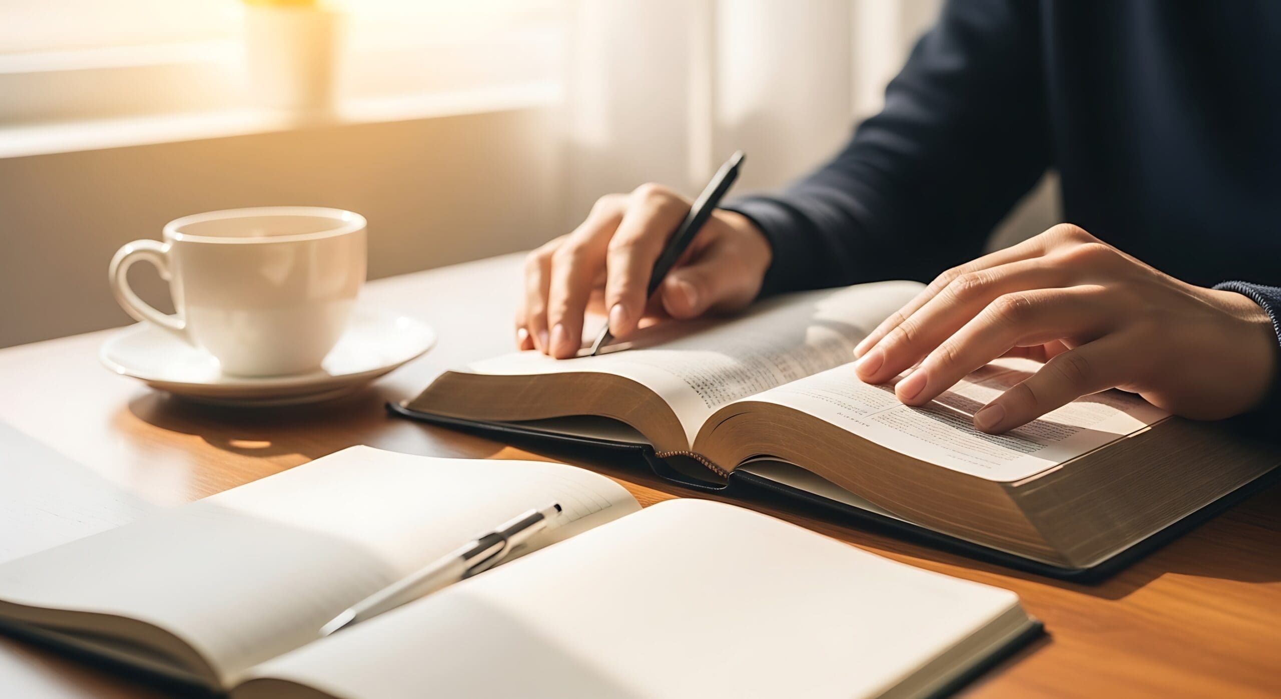 Person is reading the bible and taking notes while having coffee on the table
