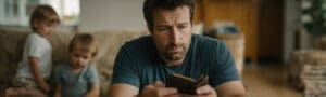 Financial Concerns at Home: A father, deep in thought, scrutinizes his wallet, flanked by his young children, depicting the weight of financial responsibilities and family life.