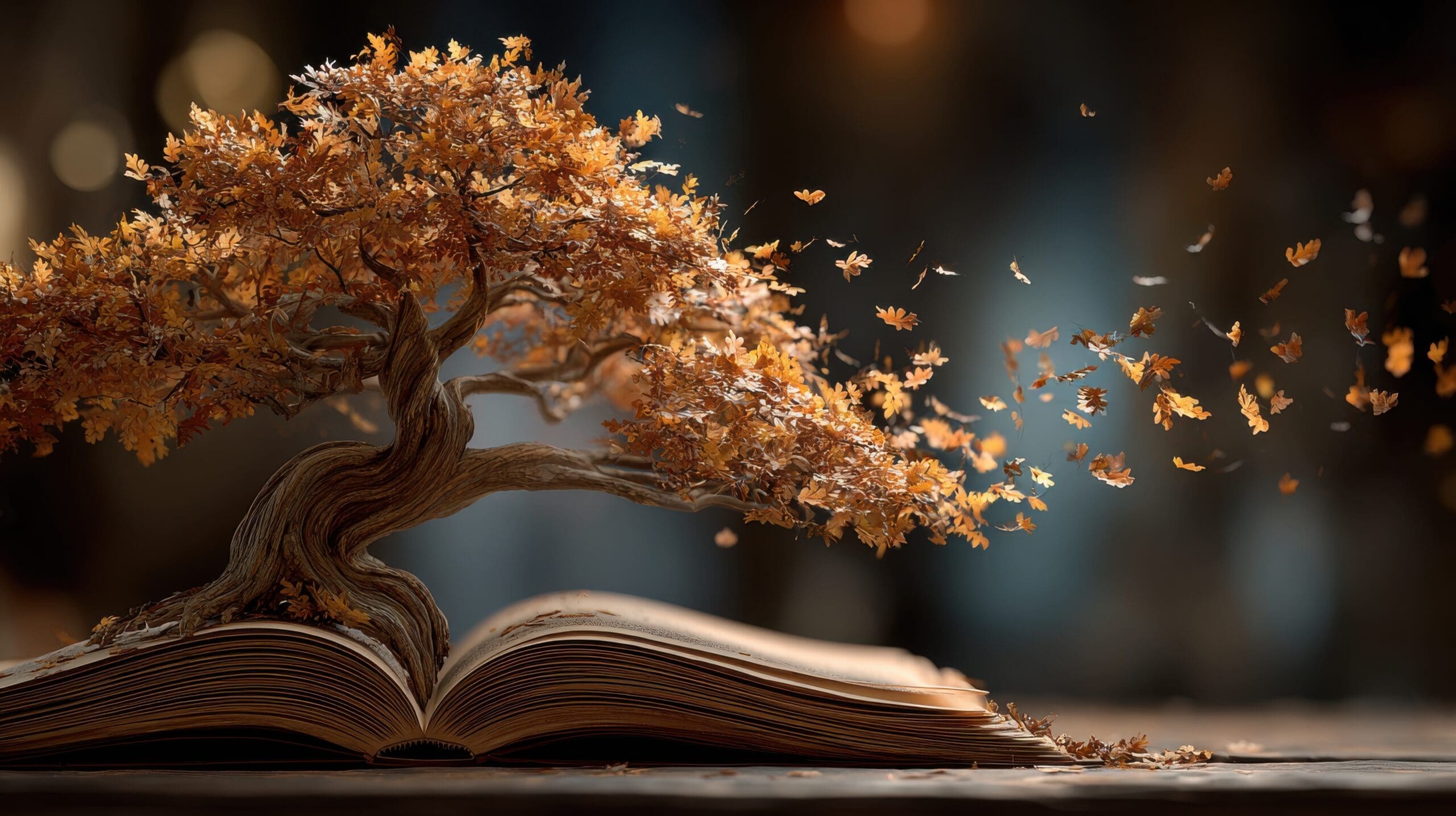 A tree with yellow leaves blowing away in the wind