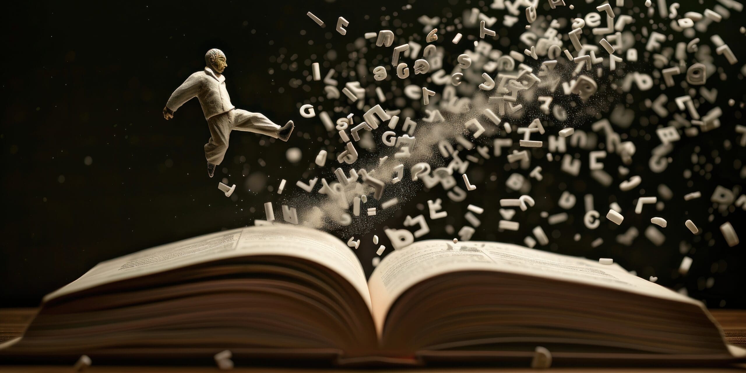 character diving into an open book from which loose letters jump out and come off, made with a plasticine appearance