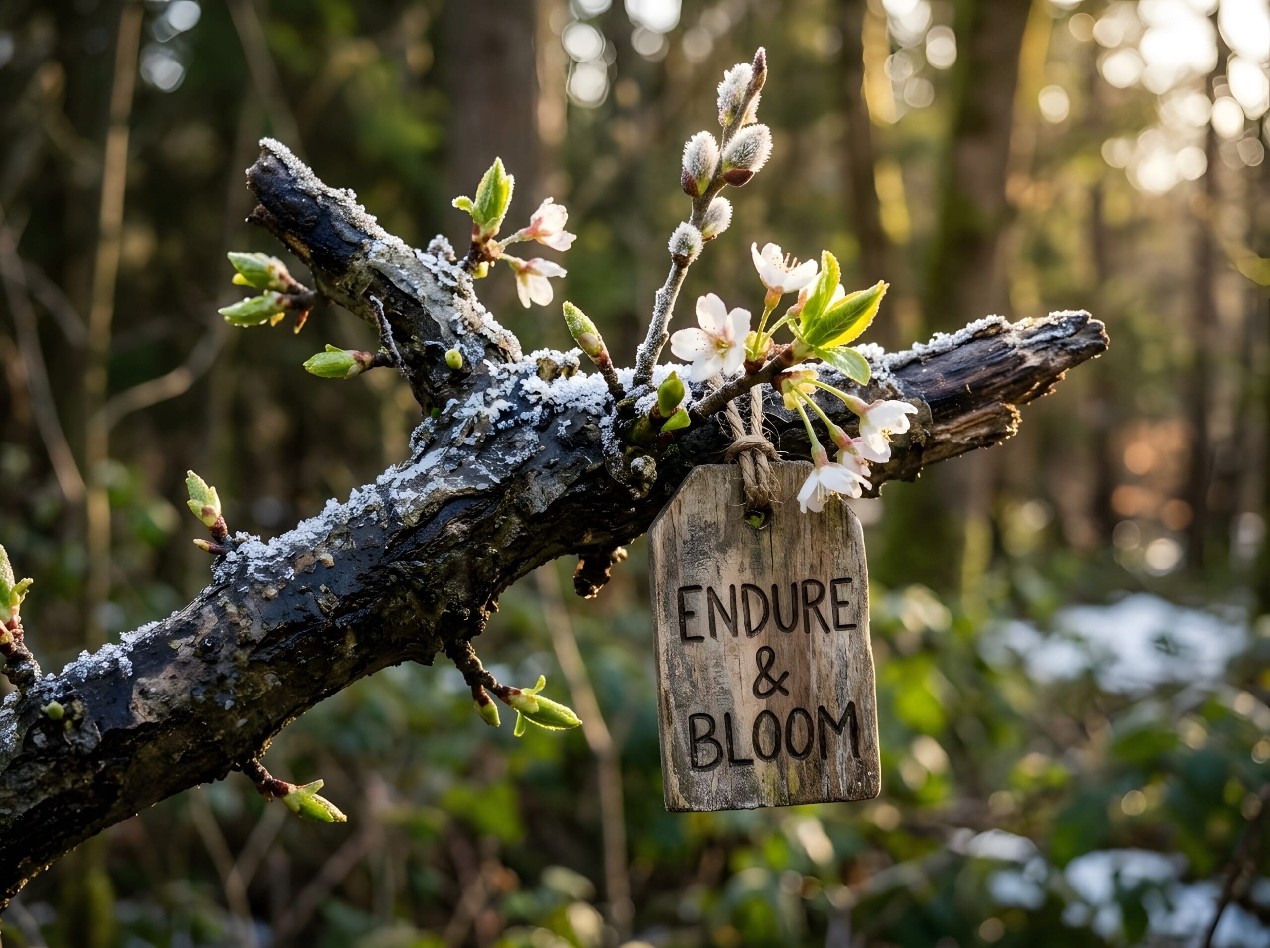 Close-up of frozen tree branch with white blossoms, green buds, and frost crystals featuring a wooden tag hanging with the engraved text Endure and Bloom in a sunny forest.
