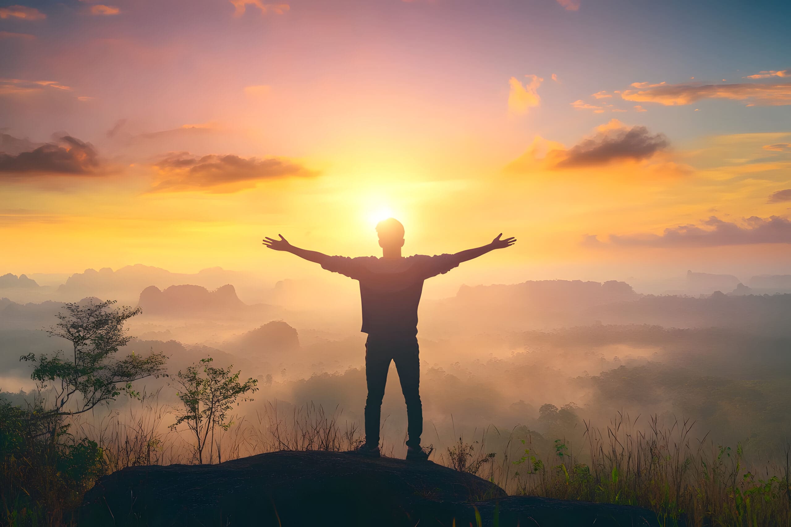 Happy man rise hand on morning view. Christian inspire praise God on good friday background. Now one man self confidence on peak open arms enjoying nature the sun concept world wisdom fun hope