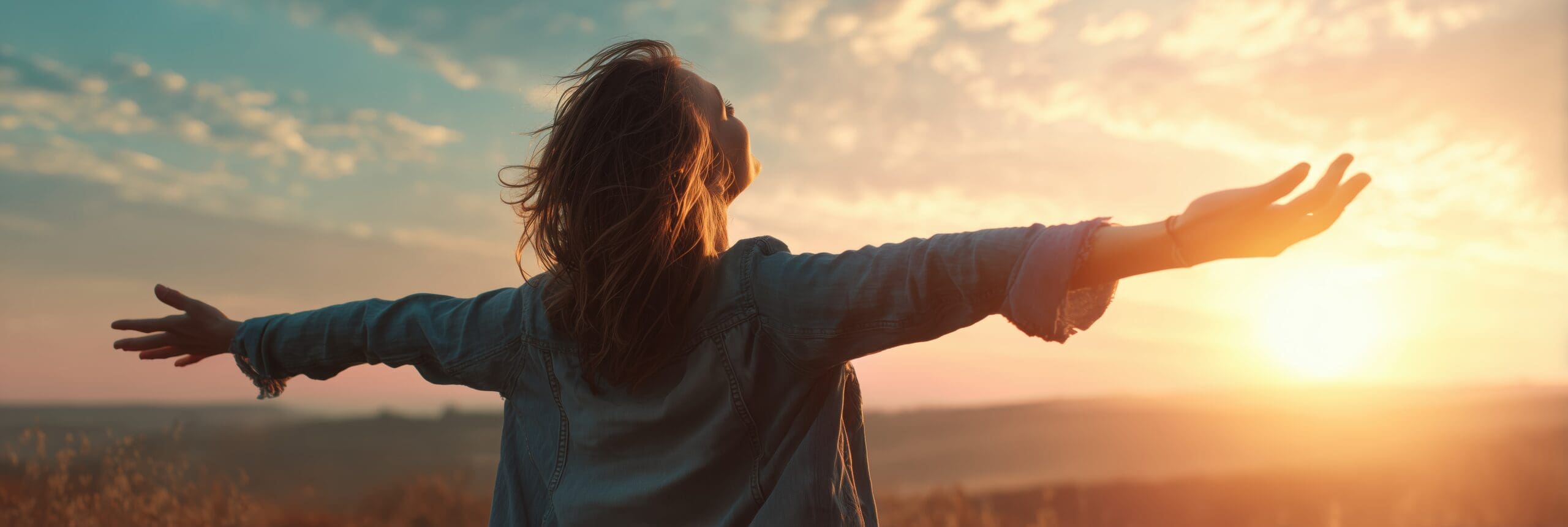 A woman with her arms outstretched, enjoying the fresh air and sunshine on a summer day, in a panoramic banner.