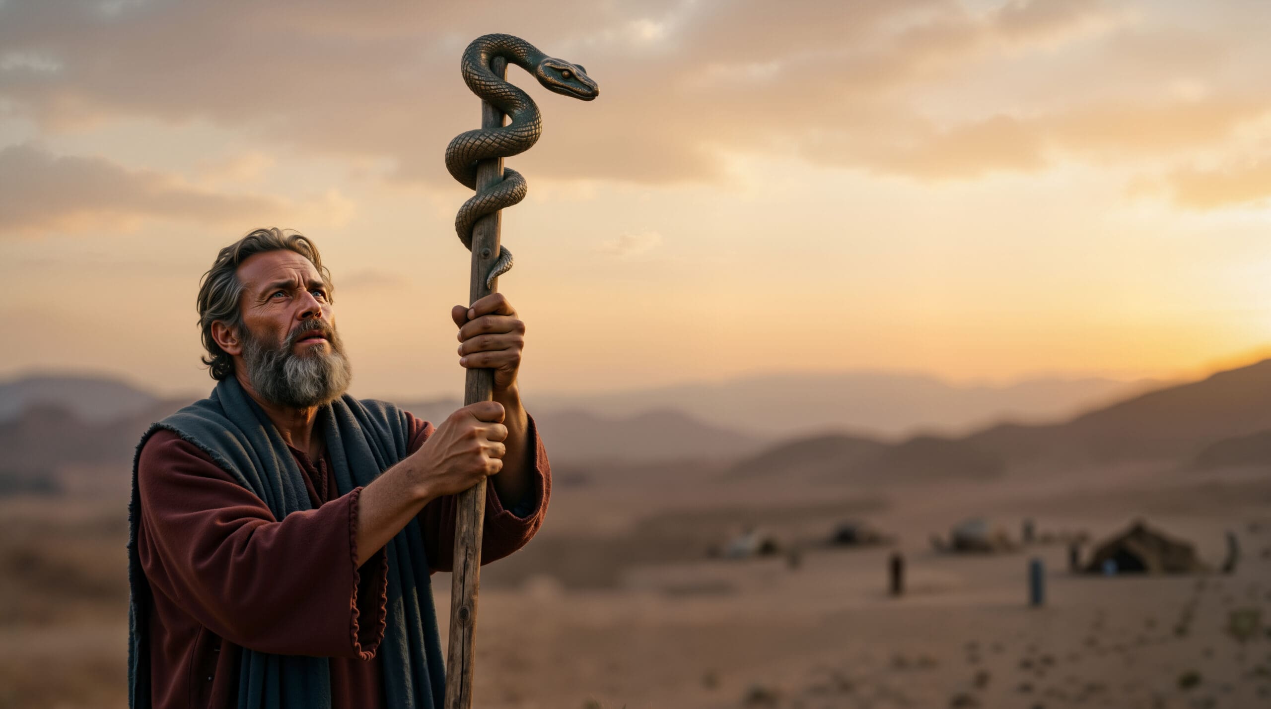Moses raising the bronze serpent on a wooden staff in the desert. Biblical scene of faith and healing. Old Testament prophet looking up with hope at sunset
