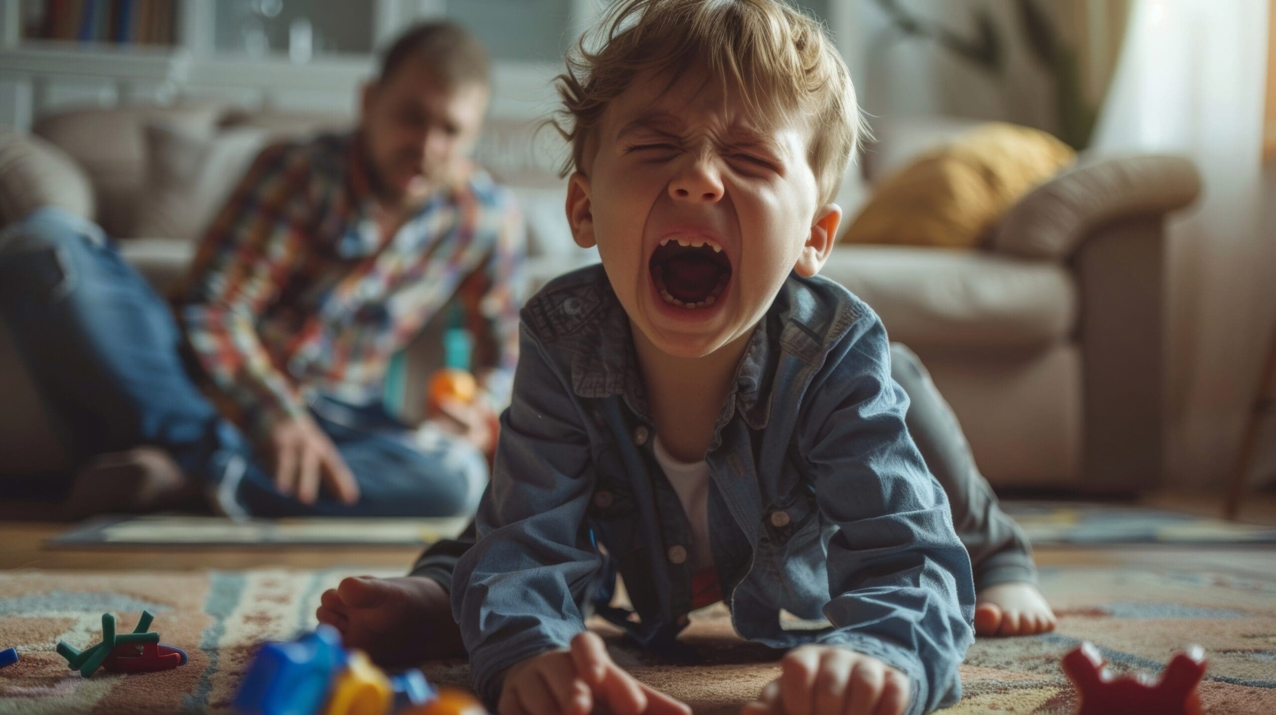 A parent sitting on the floor with their child who is throwing a tantrum and screaming for a toy. The parent looks frustrated but does not try to calm the child down